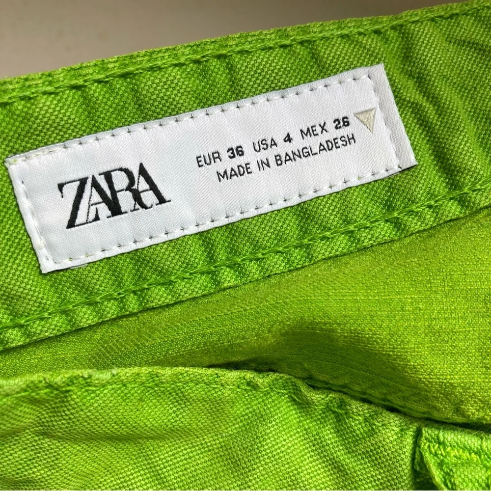 Zara Bright Green Linen Blend Mid Rise Full Length Wide Leg Pants, NWT Sz 4